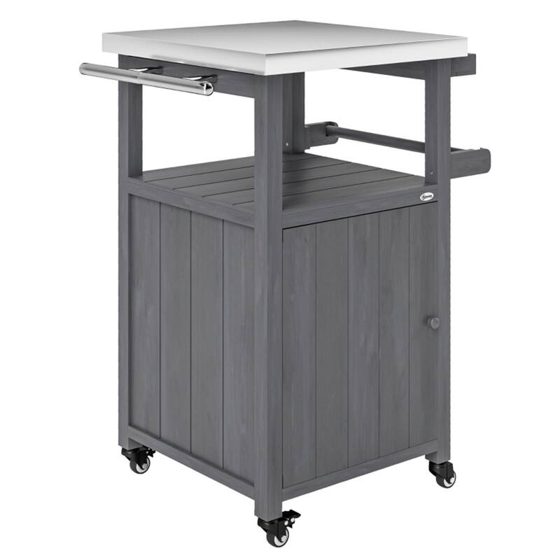 Dark Gray Solid Wood Grill Cart with Stainless Steel Top Cabinet Spice Rack Towel Holder and Swivel Casters 27 Inch