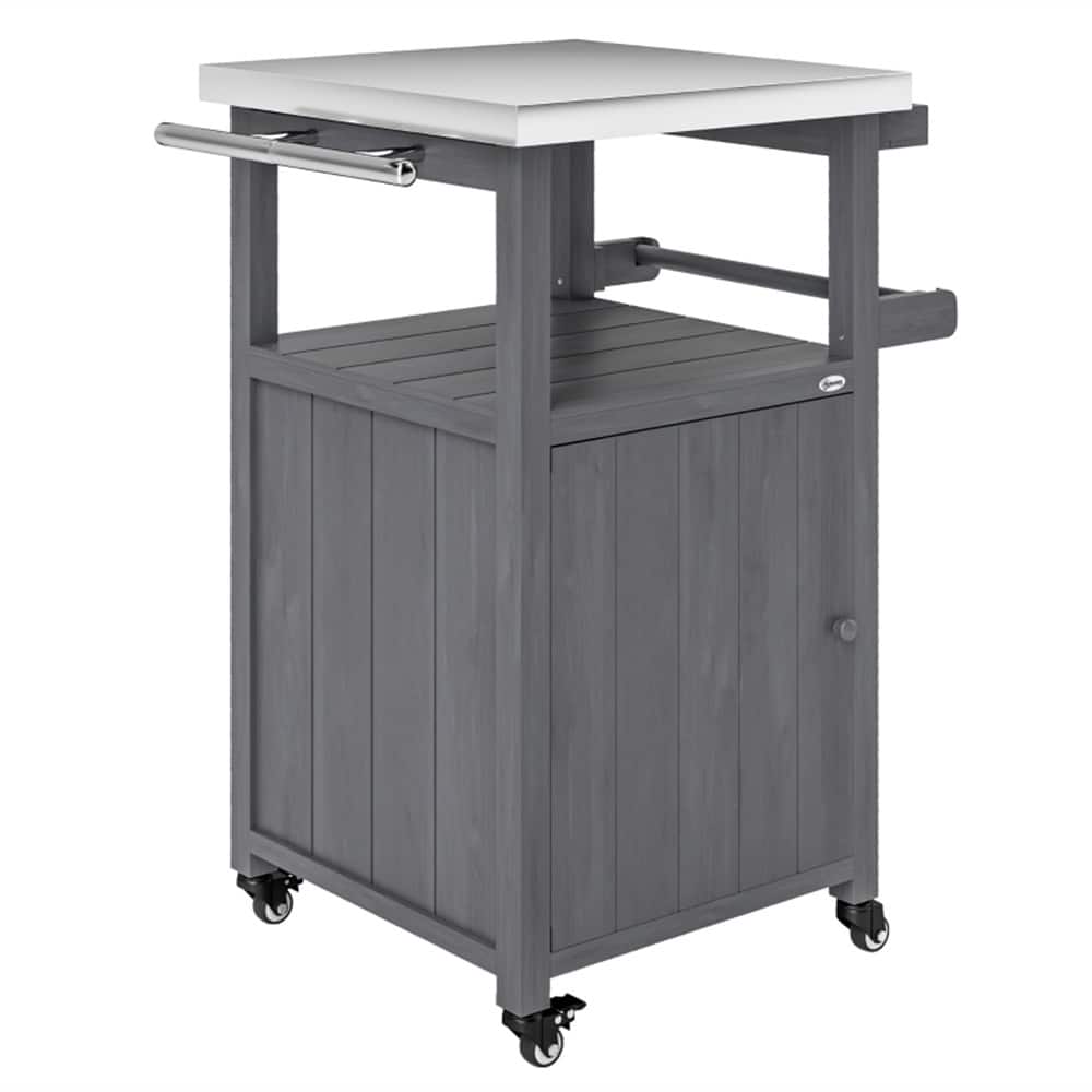 Dark Gray Solid Wood Grill Cart with Stainless Steel Top Cabinet Spice Rack Towel Holder and Swivel Casters 27 Inch