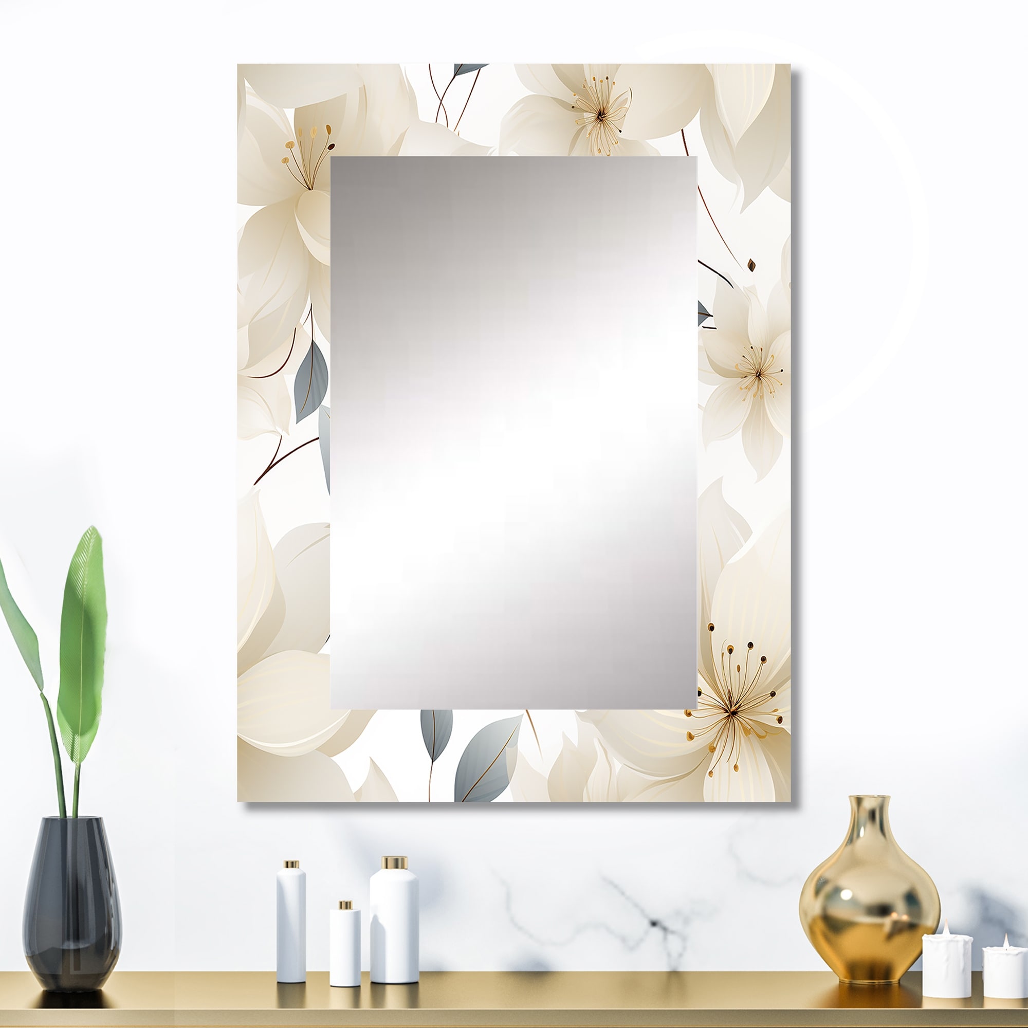 Designart "Elegant Ivory Floral Pattern" Floral White Wall Mirror - Cottage Large Rectangle Mirror For Bathroom