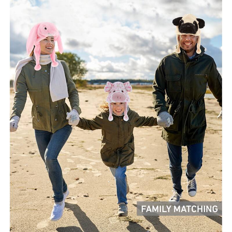 DolliBu Farm Plush Hats Set of 4 – Bunny, Wolf, Pug Dog, Pig Warm Hat - One Size