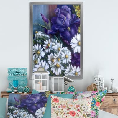 Designart "White And Purple Iris Daisies Blooming" Traditional Framed artwork