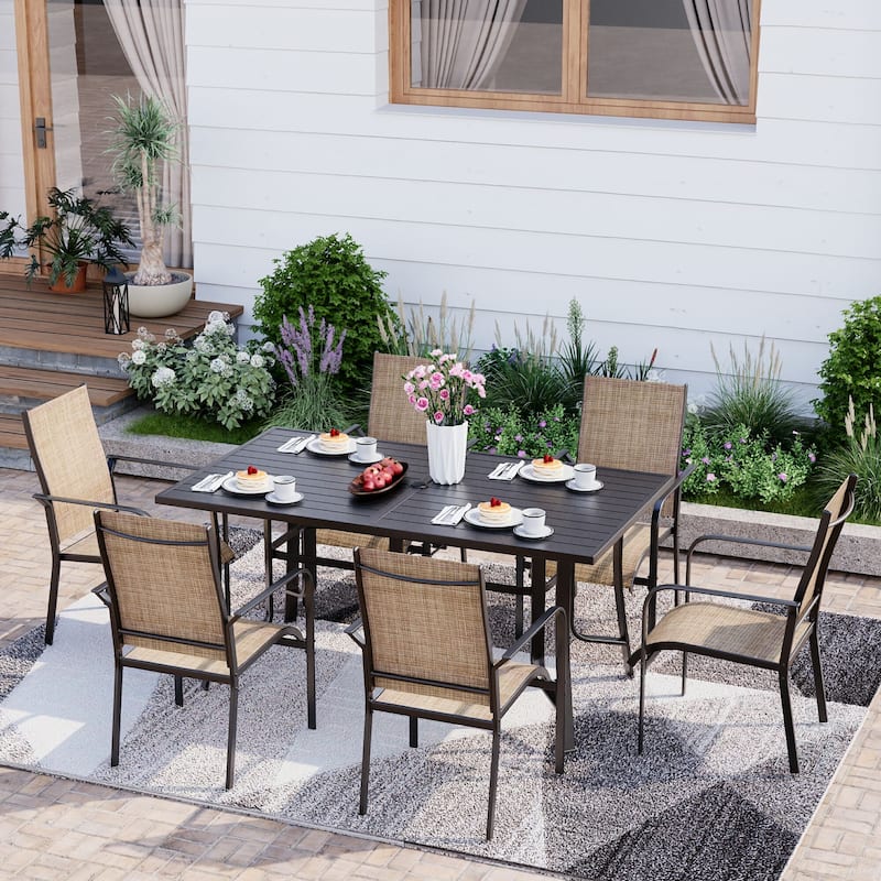 5/7/9-Piece Outdoor Patio Dining Set with Stackable Textilene Chairs and Slatted Table, Furniture with Adjustable Umbrella Hole - 7 Piece - Brown
