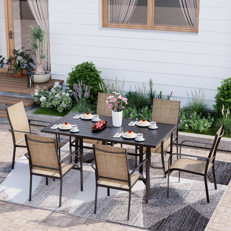 Patio Dining Set, Outdoor Dining Table and Chairs Set with Textilene Chairs, Adjustable Umbrella Hole for Garden, Backyard - 7 Piece - Brown