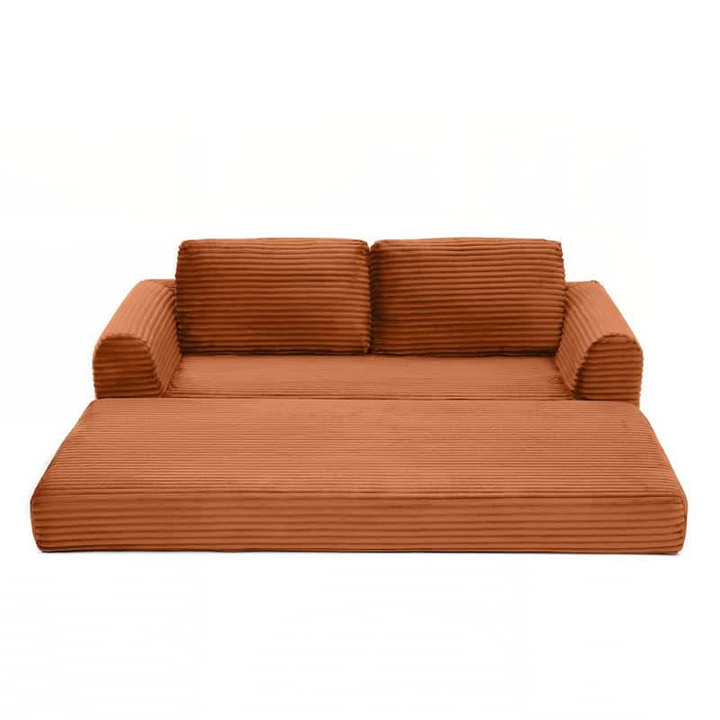 Modern Corduroy Sleeper Couch , Futon Modular Upholstered Boneless Sofa - Orange