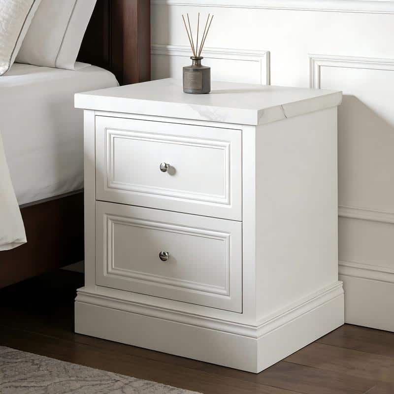 2-Drawer Nightstand with Faux Marble Top - White - 2-drawer