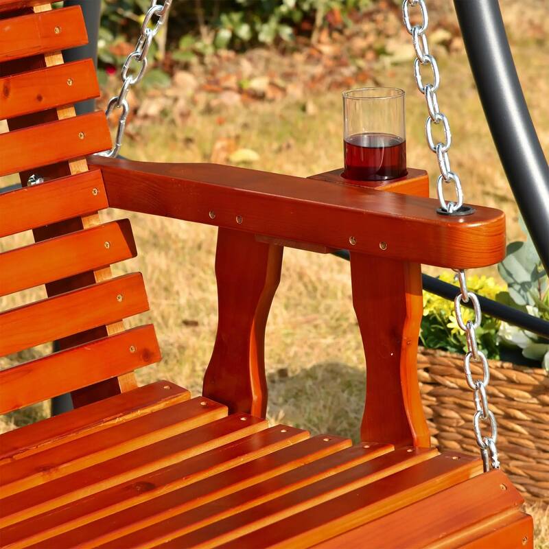 Heavy-Duty 2-Seat Wooden Porch Swing,440lb Capacity,Cup Holders,Chains