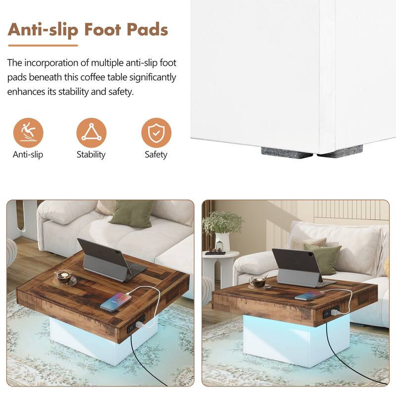 31.4" x 31.4" Farmhouse Coffee Table, Brown Spliced Wood Grain Center Table with LED & Charging Station