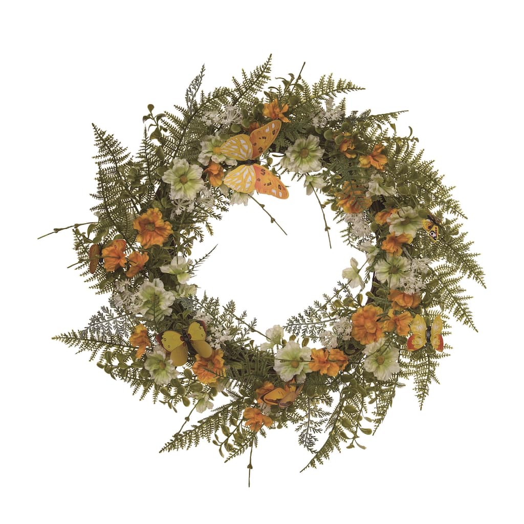 Transpac Natural Fiber 24" Green Spring Fern and Butterfly Wreath