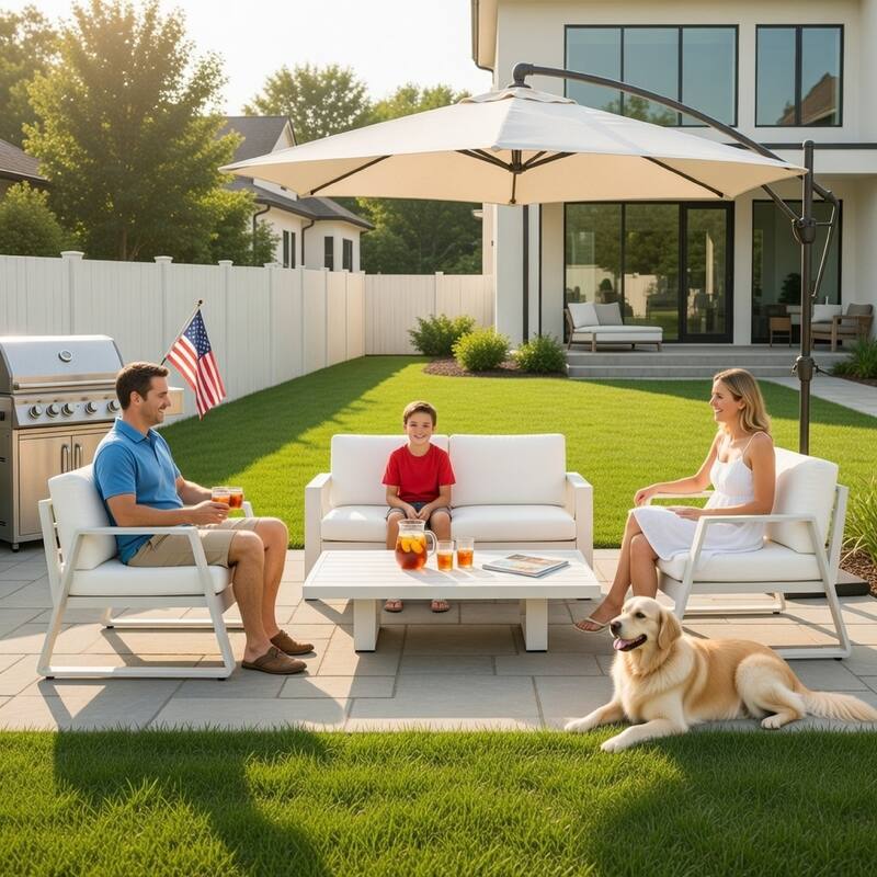 4 Piece Patio Sofa Set with Sled Base and Floor Protector, White