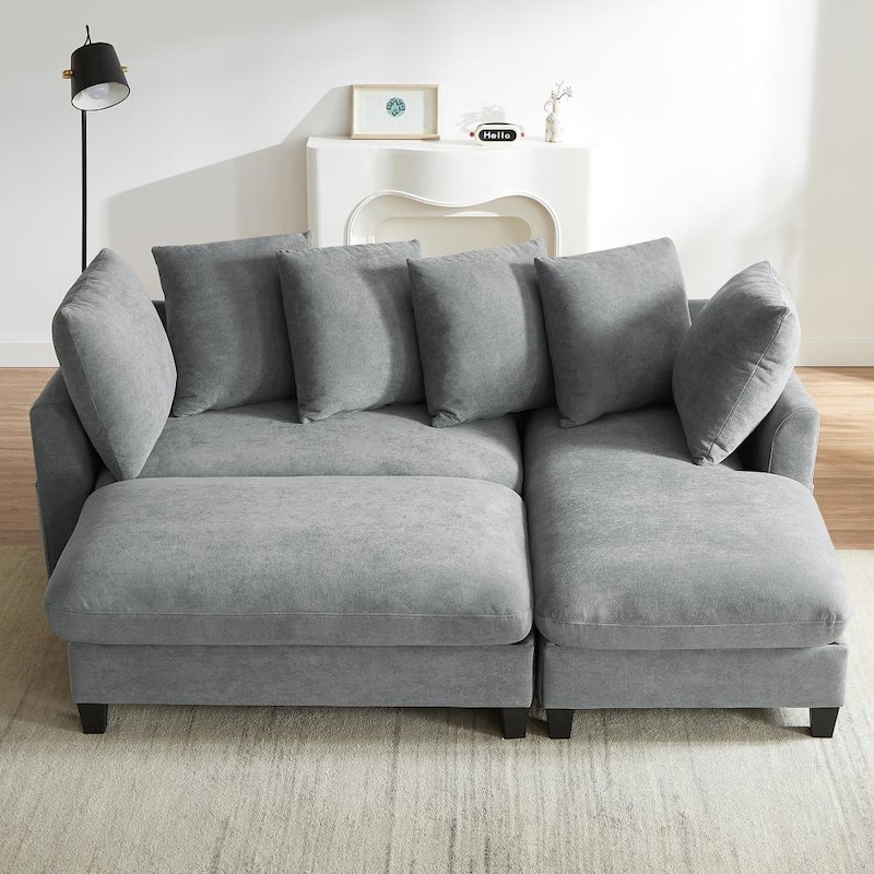 83" Upholstered Sectional Sofa with Movable Ottoman and Six Pillows, Ample Storage Space - Grey