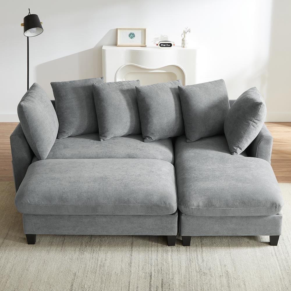 83" Upholstered Sectional Sofa with Movable Ottoman and Six Pillows, Ample Storage Space