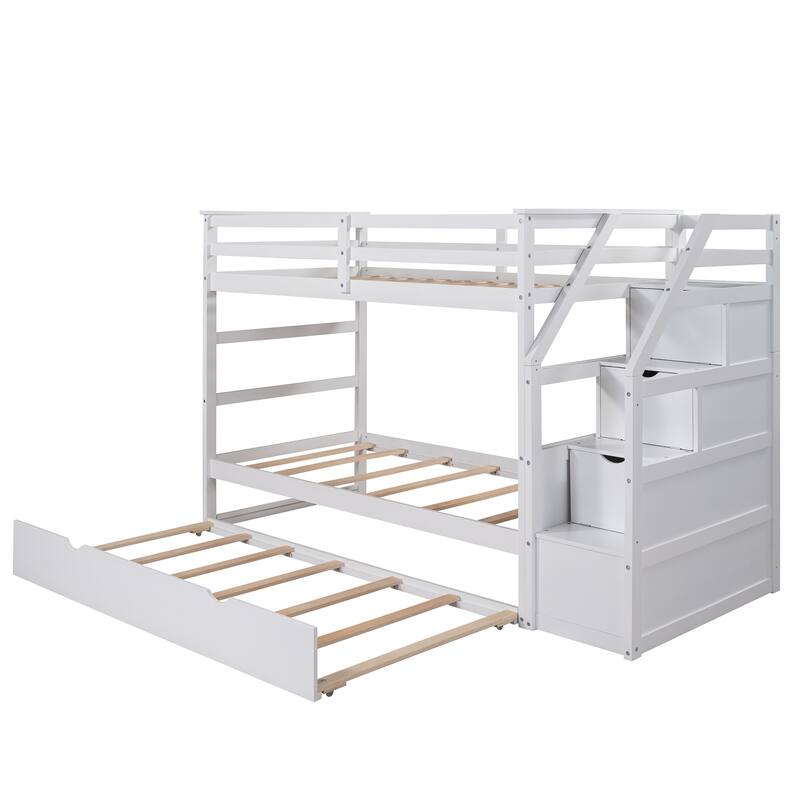 Kids Twin Ove Twin Bunk Bed with Pull-Out Trundle and 3 Storage Stairs, Safety Guardrails and Armrest