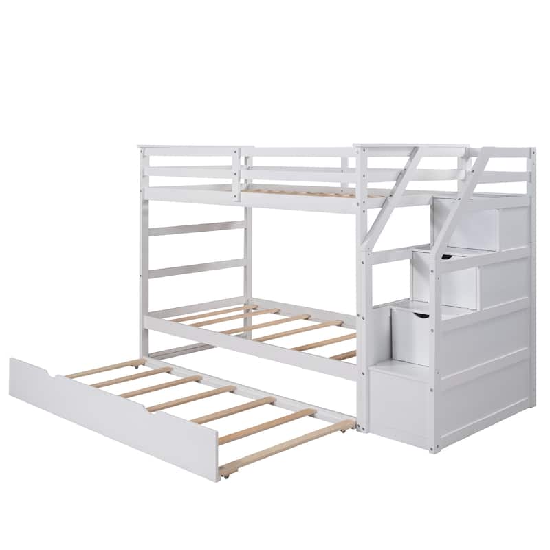 Wooden Twin-Over-Twin Bunk Bed with Pull-Out Trundle and 3 Storage Stairs