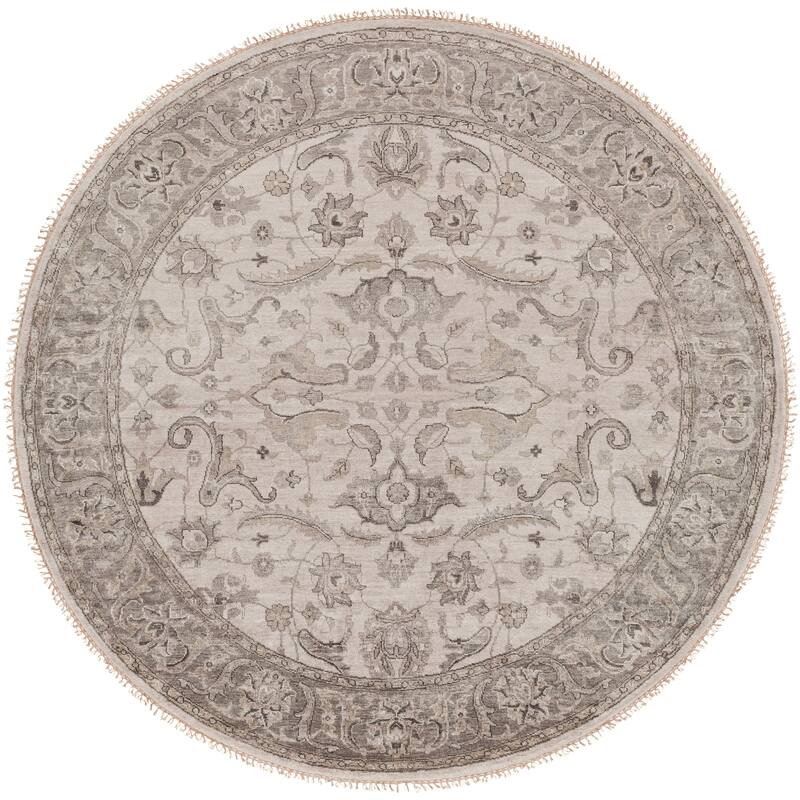 Hand-Knotted Brading Border Viscose Area Rug - 8' Round - 8' Round - Grey