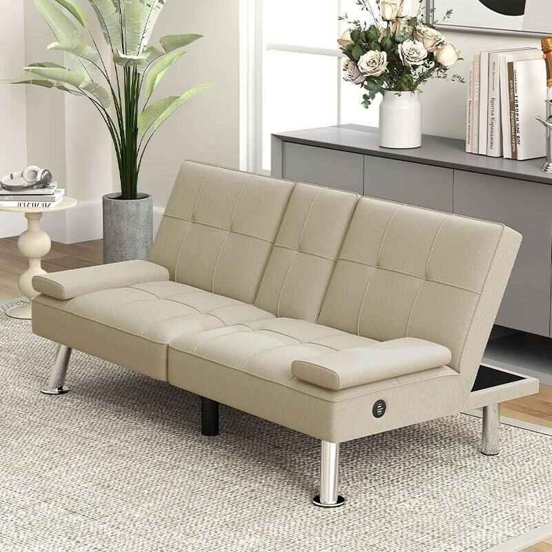Linen Upholstered Modern Convertible Folding Futon Sofa Bed for Compact Living Space