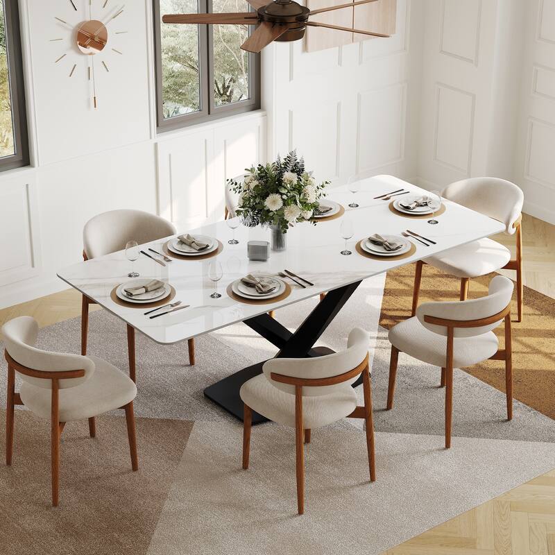 Modern Rectangular Dining table with Glossy Sintered Stone Table top, White Kitchen Table with Stainless Steel Legs - 71" - Black