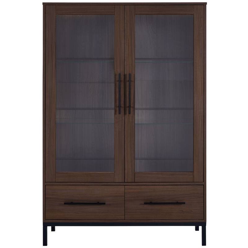 60'' Tall Display Cabinet with Tempered Glass Door, LED Lighting, 2 Drawers, Modern Storage Cabinet Book Display Cabinet