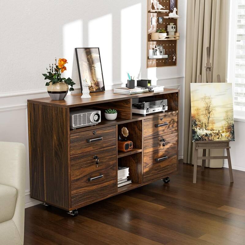 4 Drawer Wood Mobile Lockable Rolling File Cabinet with Shelves