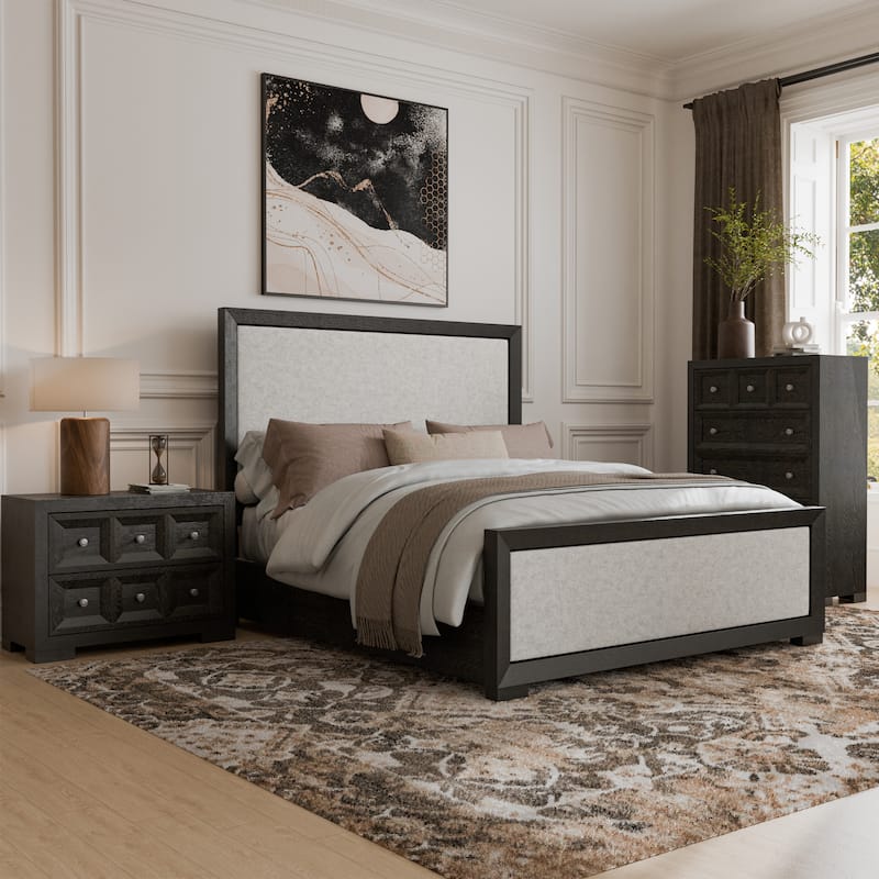 Furniture of America Durem II Modern 3-Piece Solid Wood Panel Bedroom Set with Oversized Nightstand and Chest - Weathered Black - Queen