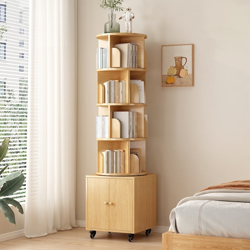 Anmytek 360 Rotating Corner Bookshelf with Wheels Space Saving Storage for Small Rooms