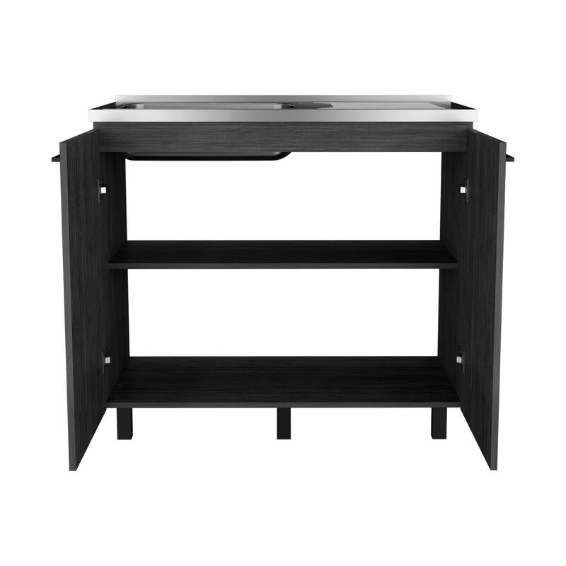 2 Freestanding Utility Base Cabinet with Stainless Steel Countertop and 2-Door, Smokey Oak