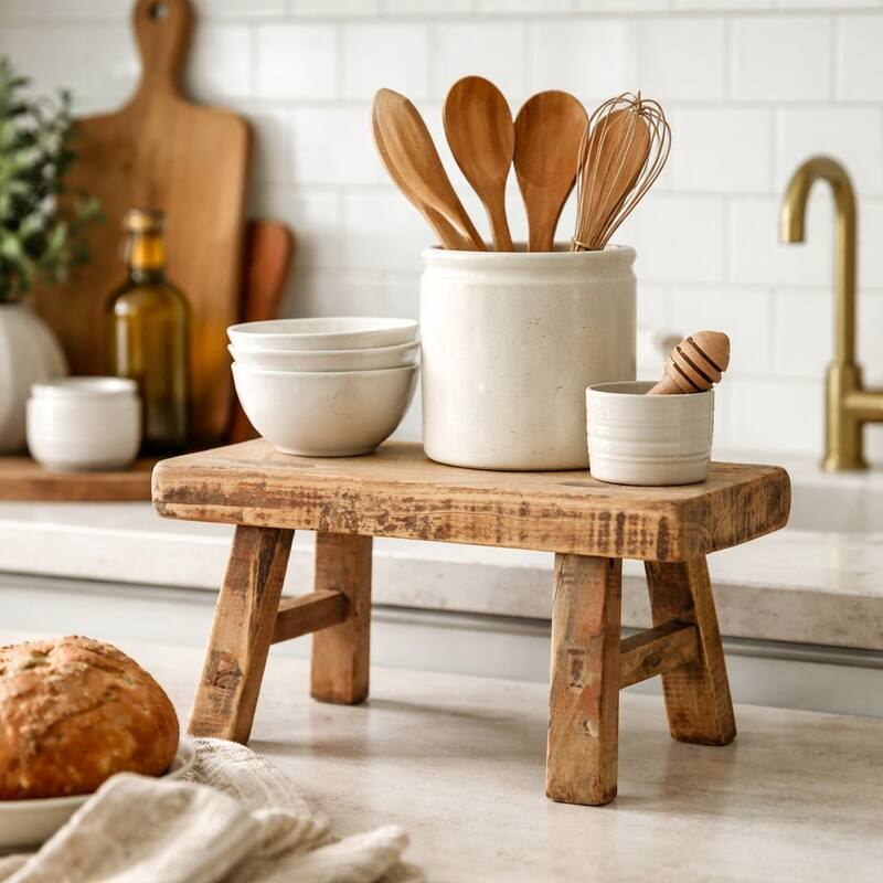 Artissance 11 in. W Rustic Vintage Mini Stool – Rectangular Wooden Accent with Weathered Natural Finish - 11" W x 5" L x 9" H