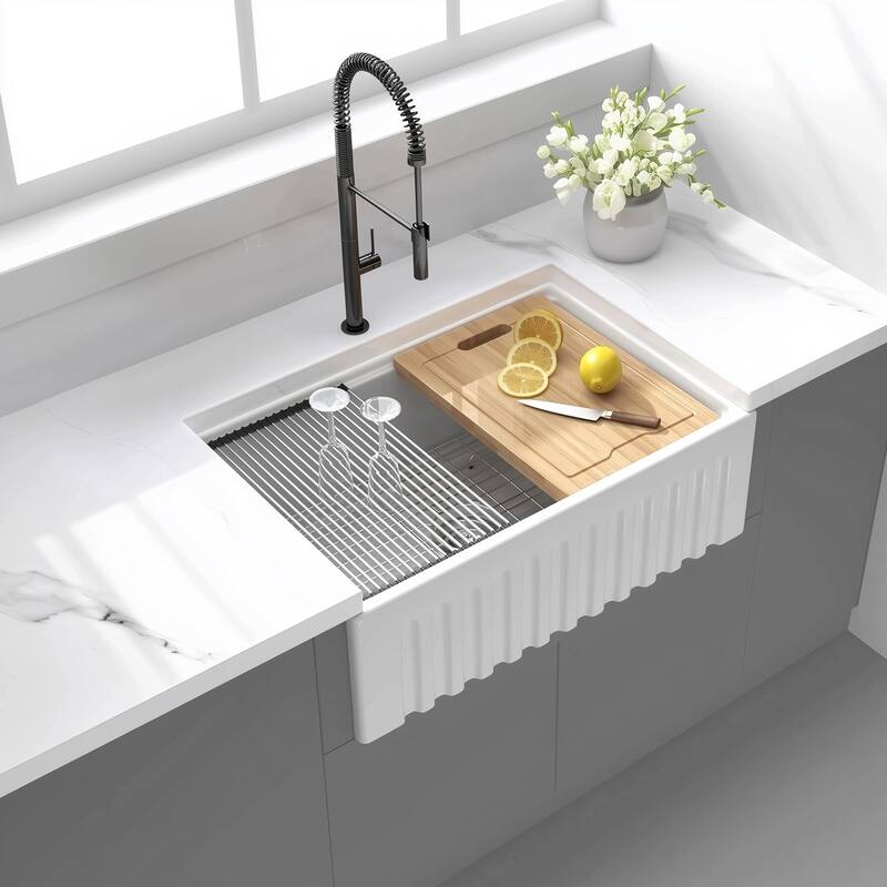 30 Inch Workstation Reversible Ceramic Farm Apron Front Kitchen Sink with Ledge and Accessories