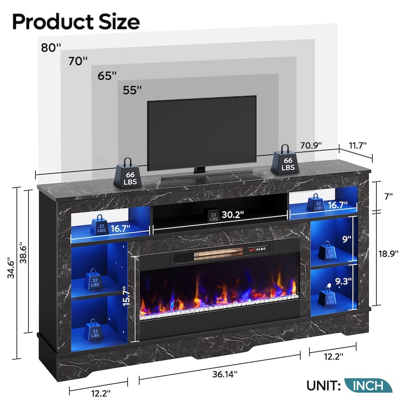 Bestier Fireplace 70" TV Stand With 36" Fireplace, LED Media Console With Storage