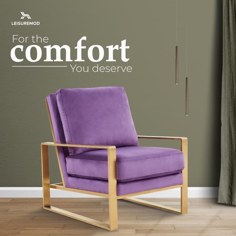 Jefferson Modern Velvet Accent Chair with Brushed Gold Frame, Removable Cushions, and Floor Protectors for Living Room or Office