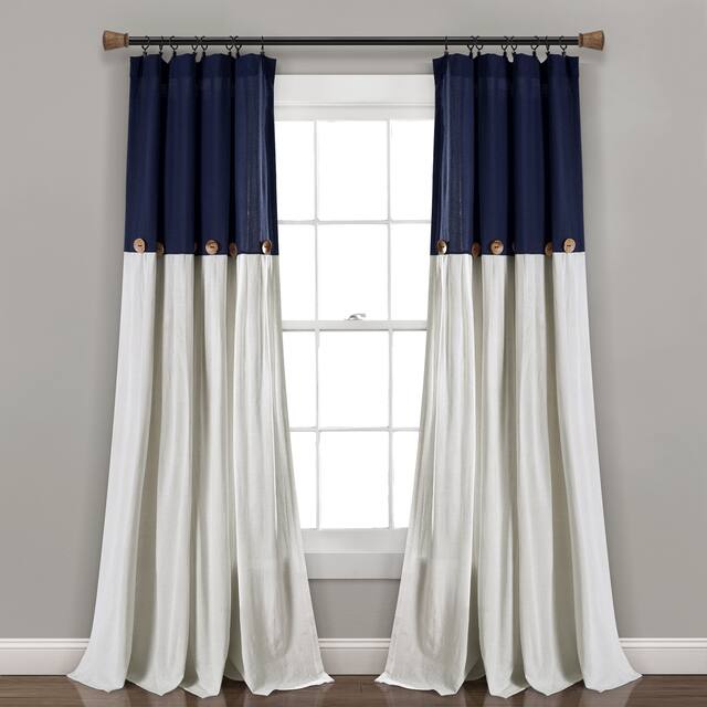 Lush Decor Linen Button Single Panel Window Curtain - 95"L x 40"W - Navy/Off-White