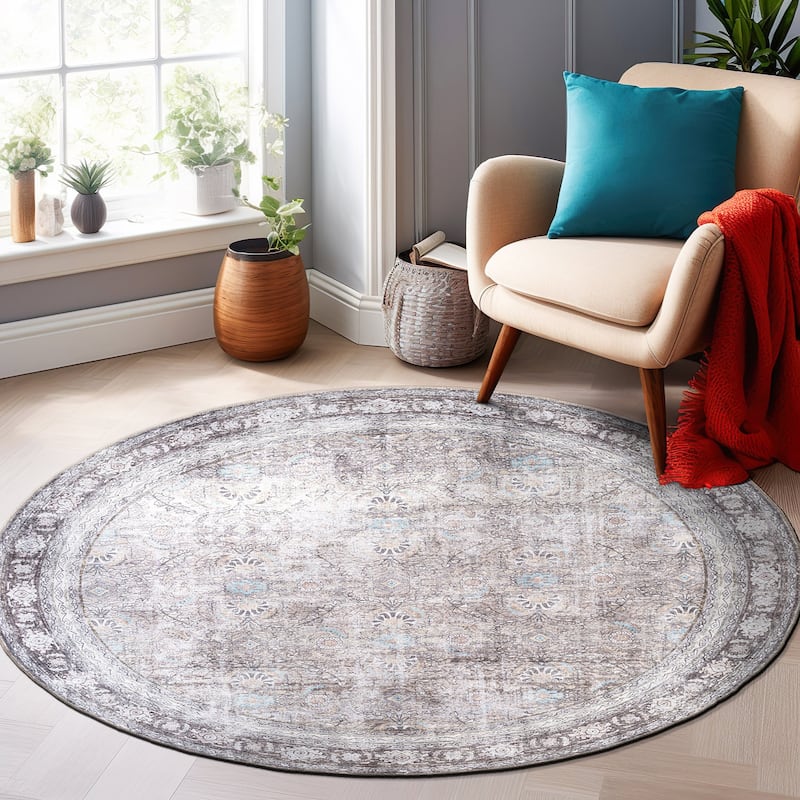 World Rug Gallery Vintage Inspired Machine Washable Non Slip Area Rug - 8' ROUND - Olive - Round