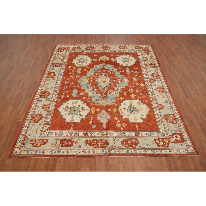 Hand Knotted Oriental 100% Wool Carpet Transitional Medallion Oranges & Rust Oushak Area Rug - 9' 11'' X 8' 3''