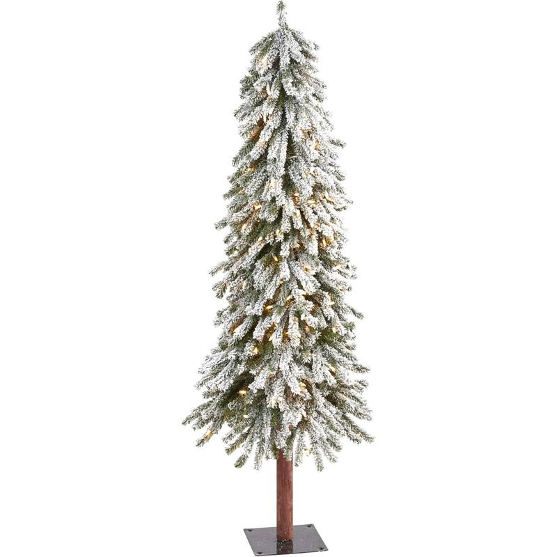 Pre-Lit Slim Flocked Grand Alpine Artificial Christmas Tree - 5’ - Clear LED Lights - 5 Foot