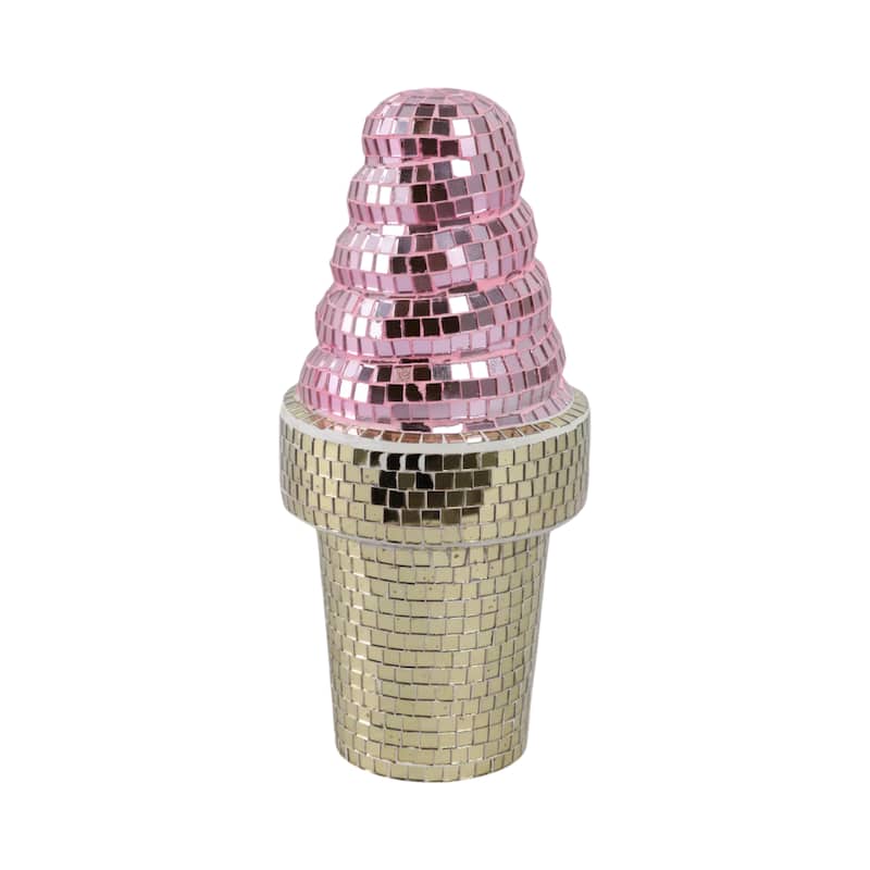 Glass Wood Figurine Mosaic Ice Cream Cone for Home Decor - 9" Pink - 4.25" x 4.25" x 9"