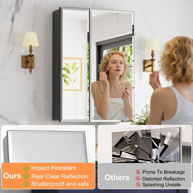 Belle Medicine Cabinet with Mirror, Adjustable Shelves, Recessed or Wall Mount