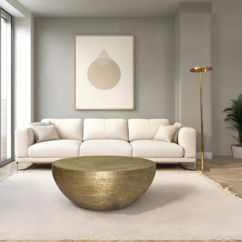 Terminus Coffee Table, 36 Inch Round Bowl Base with Hand Etched Texture, Antique Brass