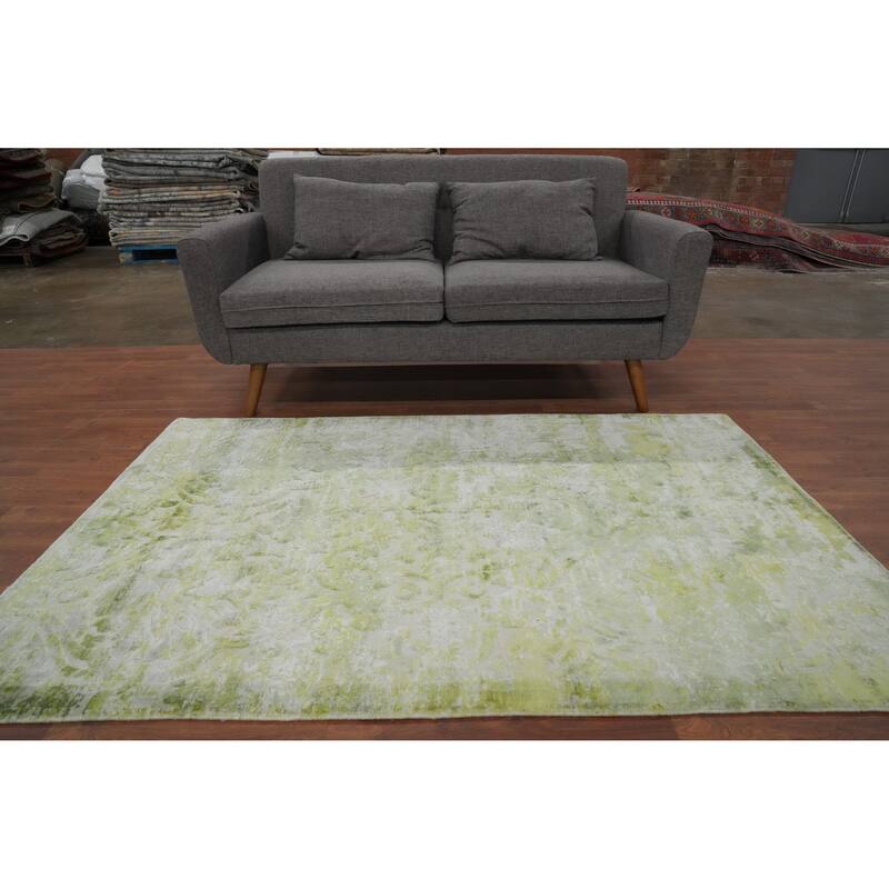 Hand Knotted Oriental Viscose Silk Carpet Modern Floral Green Abstract Area Rug - 6' 3'' X 4' 1''