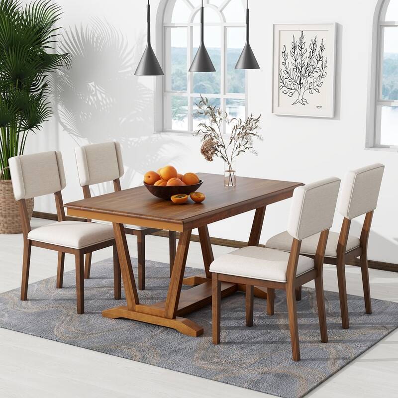 Rustic 5-piece Dining Table Set with 4 Upholstered Chairs, 59-inch Rectangular Dining Table with Trestle Table Base - Walnut