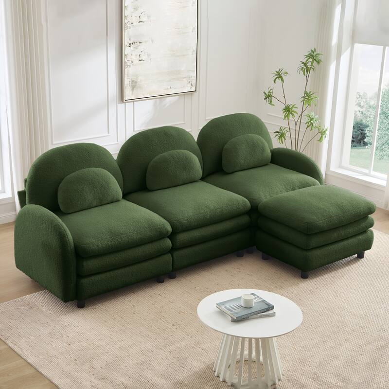 98.2" Teddy Fabric Sectional Sofa with Curved Pillows and Ottoman