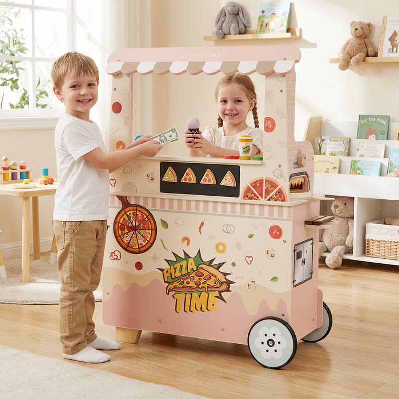 Gymax 2 in 1 Pretend Play Food Truck Kids Ice Cream & Pizza Cart w/
