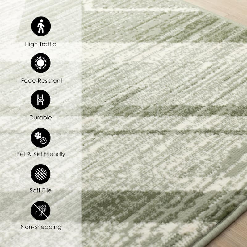 Green Chevron Distressed High Traffic Rug