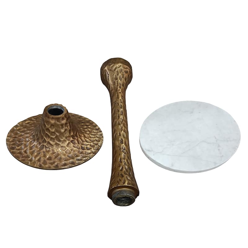 Tyler Accent Side Table, 14.5 Inch Round White Marble Top, Antique Brass Hammered Pedestal Base