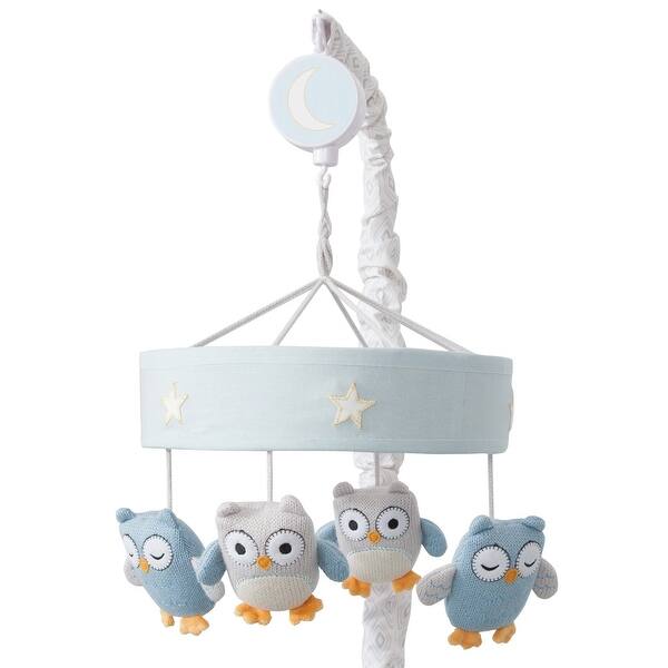 slide 1 of 1, Lambs & Ivy Happi by Dena™ Night Owl Blue/Gray Knit Musical Baby Crib Mobile