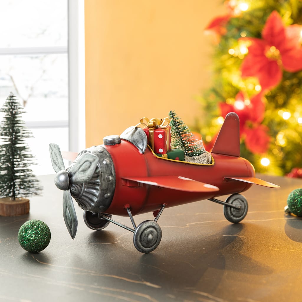 Glitzhome 14"L Christmas Metal Airplane with Gifts Table Decor