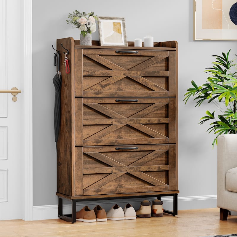 Moasis Farmhouse Flip Shoe Cabinet Shoe Storage Cabinet with 3 Flip Doors Adjustable Shelf - 31.4"L x 8.8"W x 53.1"H