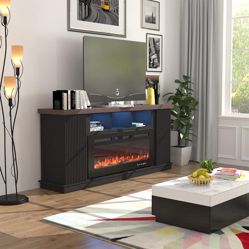 Erommy 70" TV Stand with Electric Fireplace Heater, Media Entertainment Center Console for TVs up to 80" with Storage Cabinet