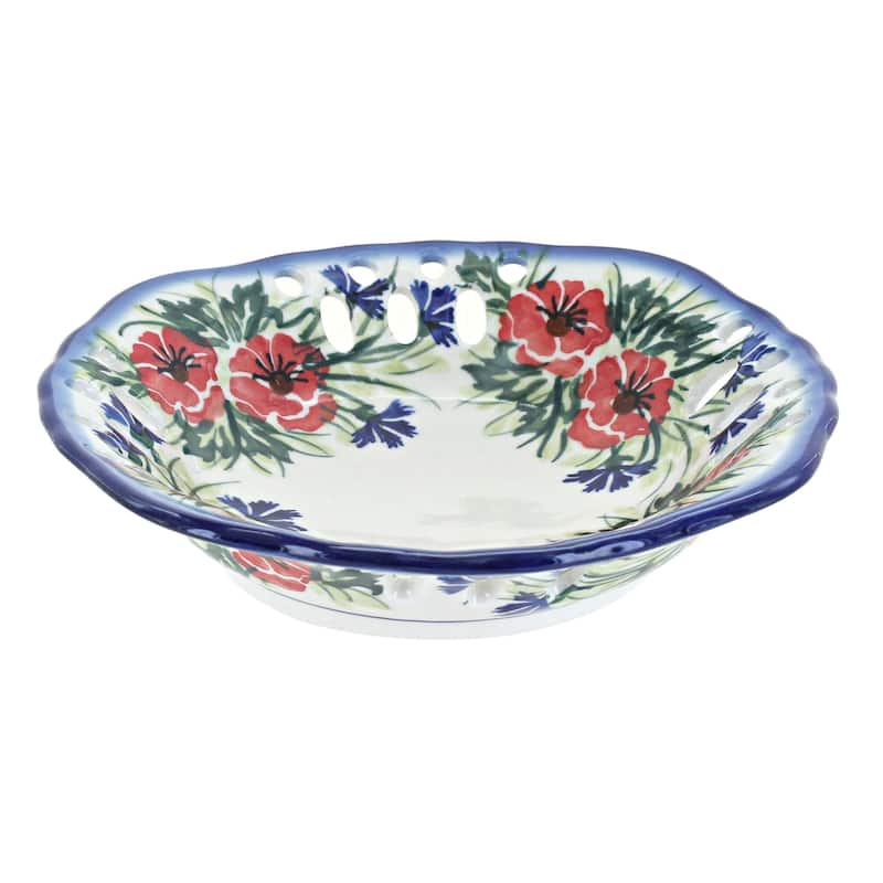 Blue Rose Polish Pottery 32A WR Unikat Small Fruit Dish - Cherry Red Bouquet