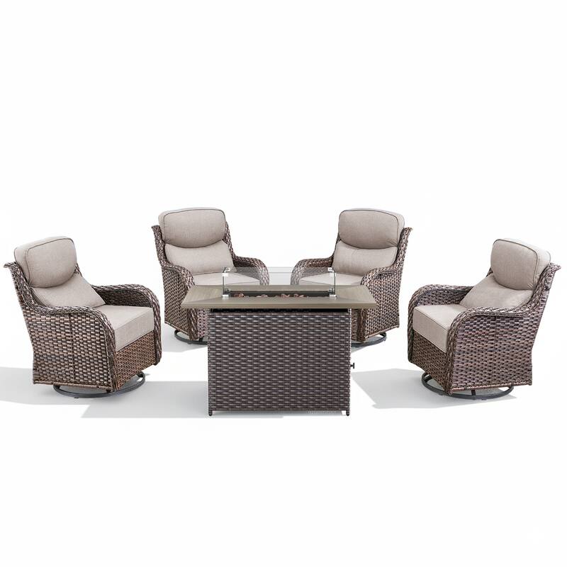 Arcadia 5-Piece Patio Conversation Set with 4 Swivel Glider Chairs and Wicker Fire Pit
