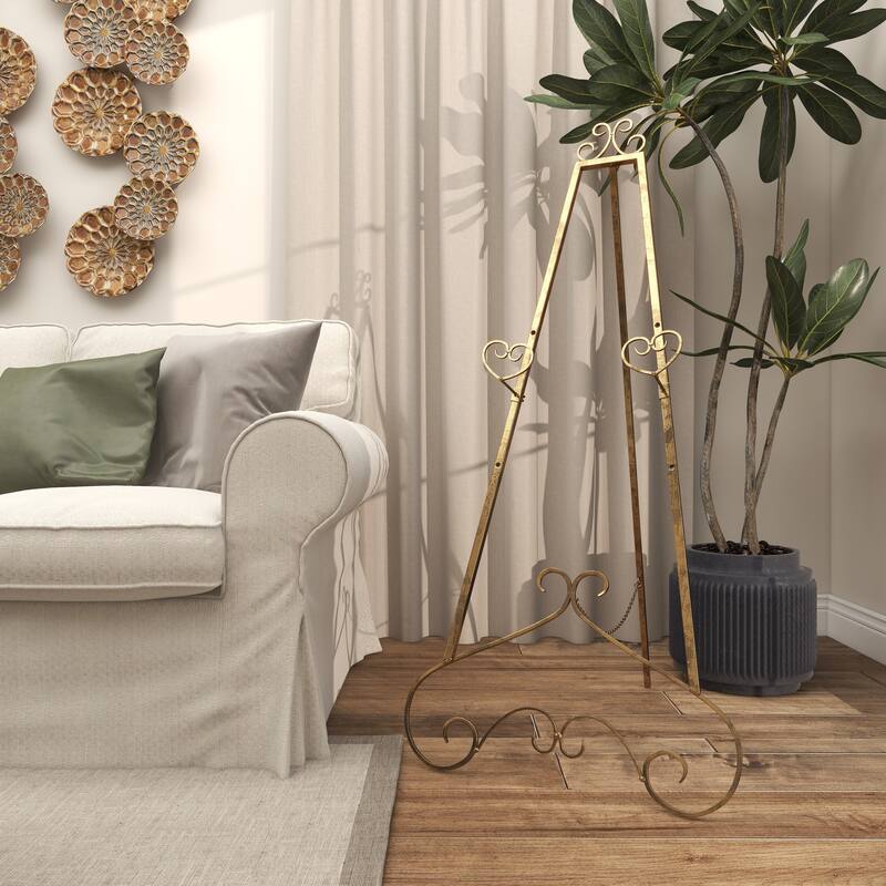 Metal Scroll Large Adjustable 3 Tier Easel with Chain Support - Gold or Gray - Roche River Decor