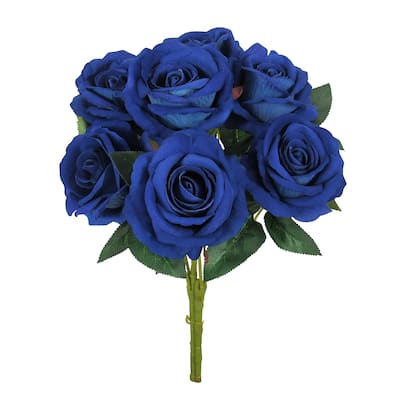 Set of 2 Royal Blue Artificial Velvet Rose Flower Stem Bush Bouquet 16in - 16" L x 11" W x 11" DP